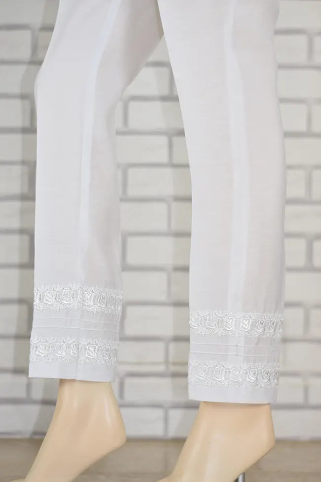 Signature Tapered Straight Leg Blended Silk White Pant with Lace finishing / LPEM342