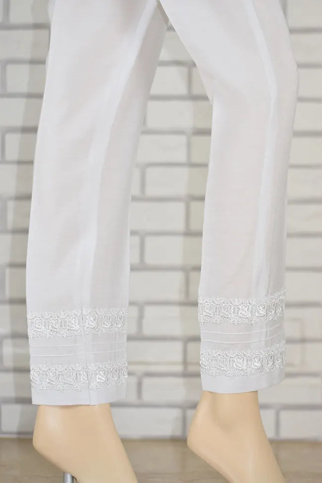 Signature Tapered Straight Leg Blended Silk White Pant with Lace finishing / LPEM342